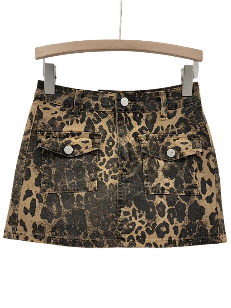 Denim Leopard Printed Pockets  A-line Mini Skirts