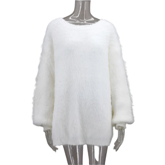 Backless Knitted Long Lantern Sleeve Oversized Sweater