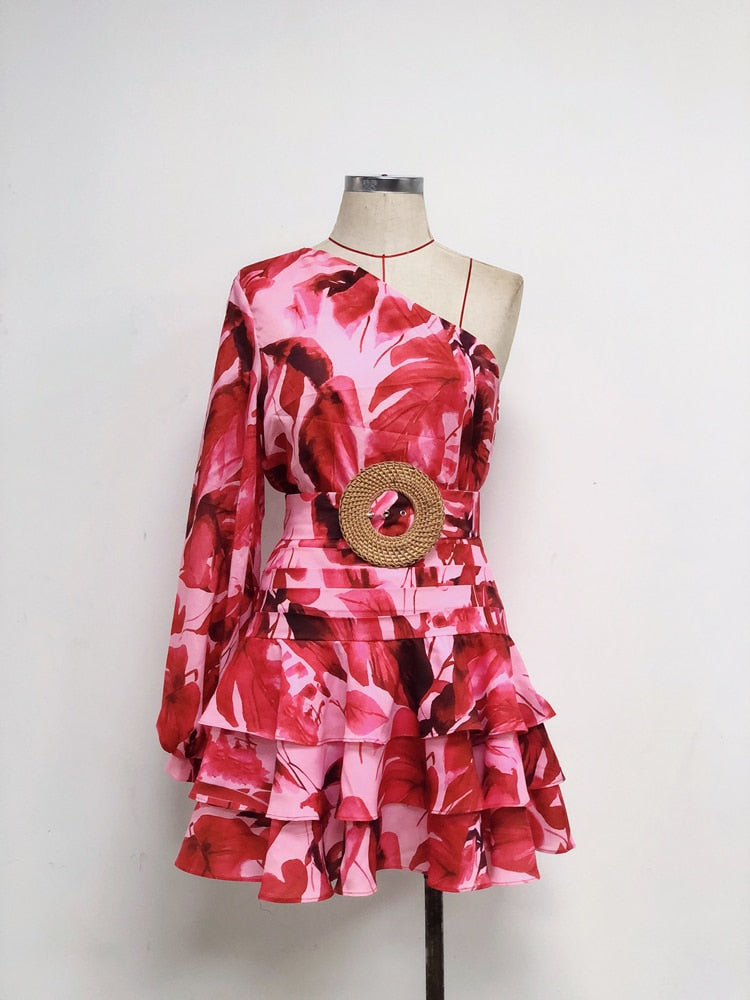 Floral Mini One Shoulder Belt Printed Dress