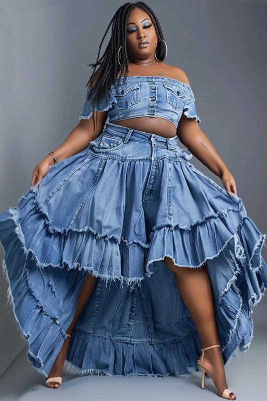 Plus Size Layer Denim Asymmetrical Pleated Skirt