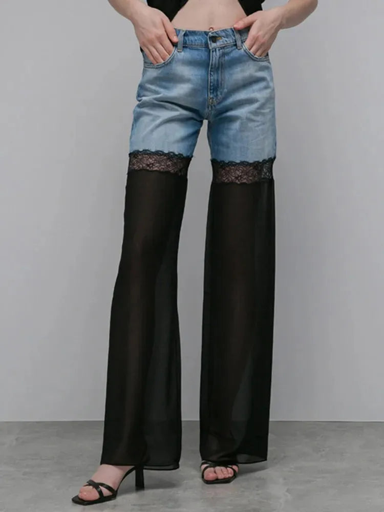 Lace Denim High Waist Wide Leg Jeans