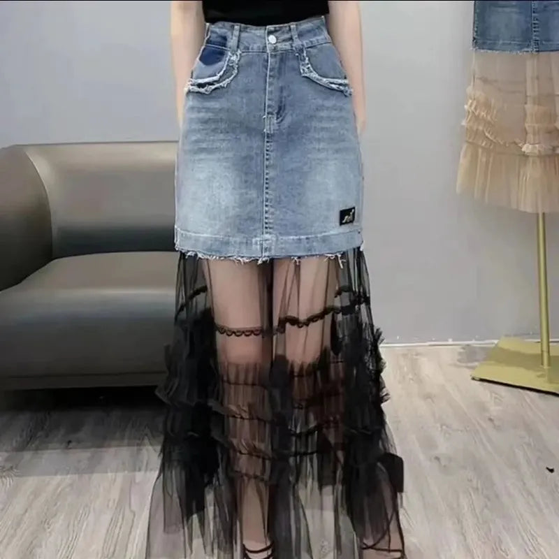 Patchwork Mesh Denim Skirt