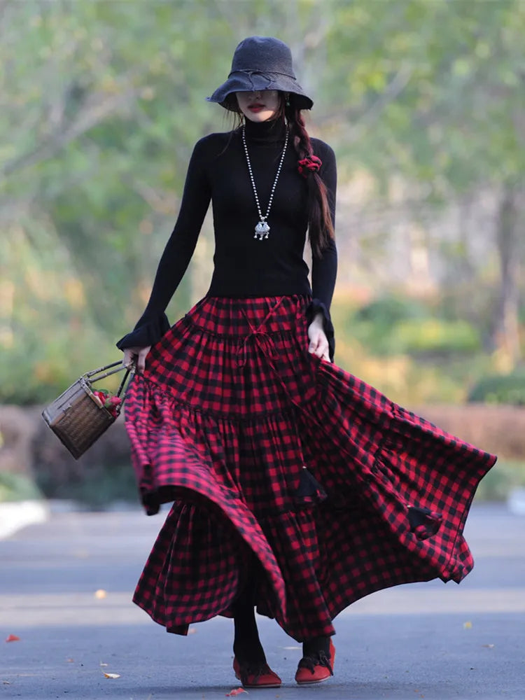 A-line Elastic Waist Cotton Print Plaid Skirt