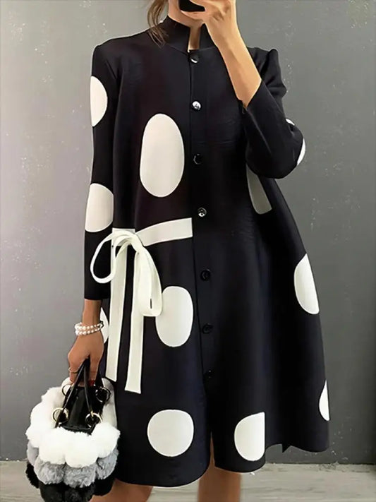 Polka-Dot Tied Long Sleeves Loose Shirt Dress