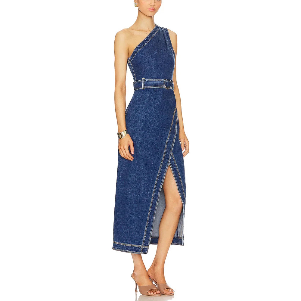 Single Shoulder High Waist Split Denim Long Dress