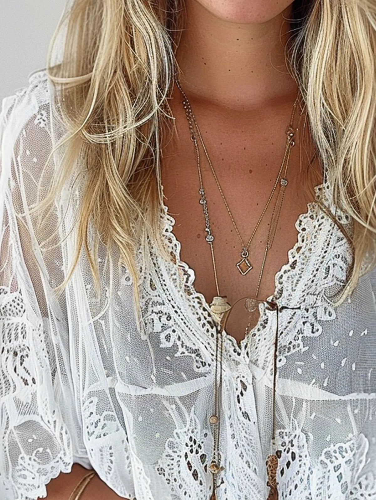 V-Neck Transparent Lace Three-Quarter Sleeve Bohemian Blouse