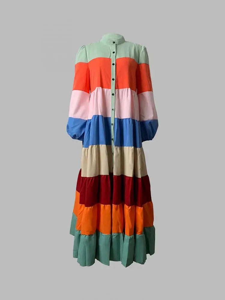 Multi-color Striped Puff Sleeves Long Dress