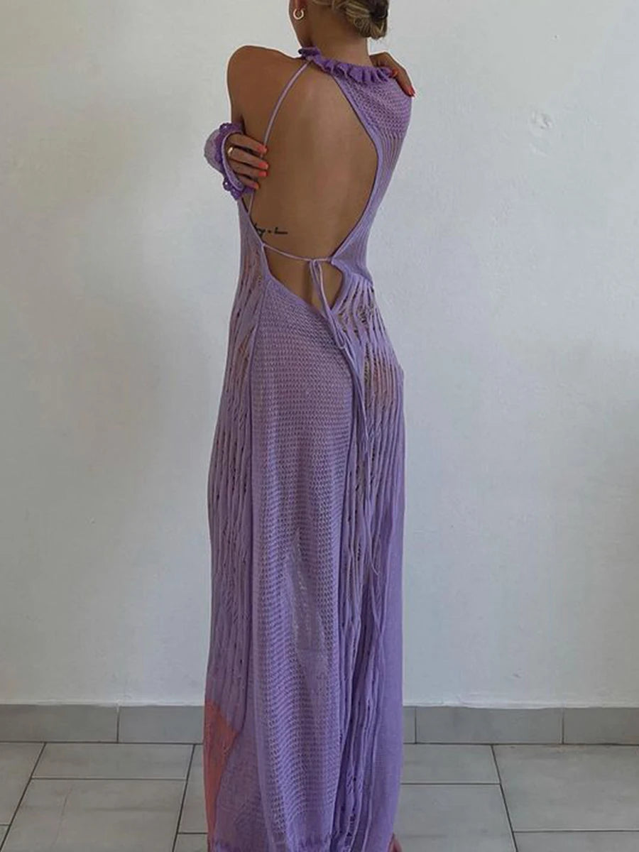 Long Knit Cut Out See-Through One Shoulder Long Beach Dress