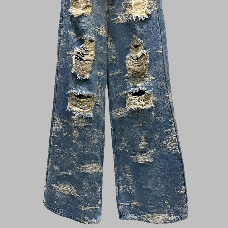 High Waist Broken Holes Distressed Wide Leg Denim Pants