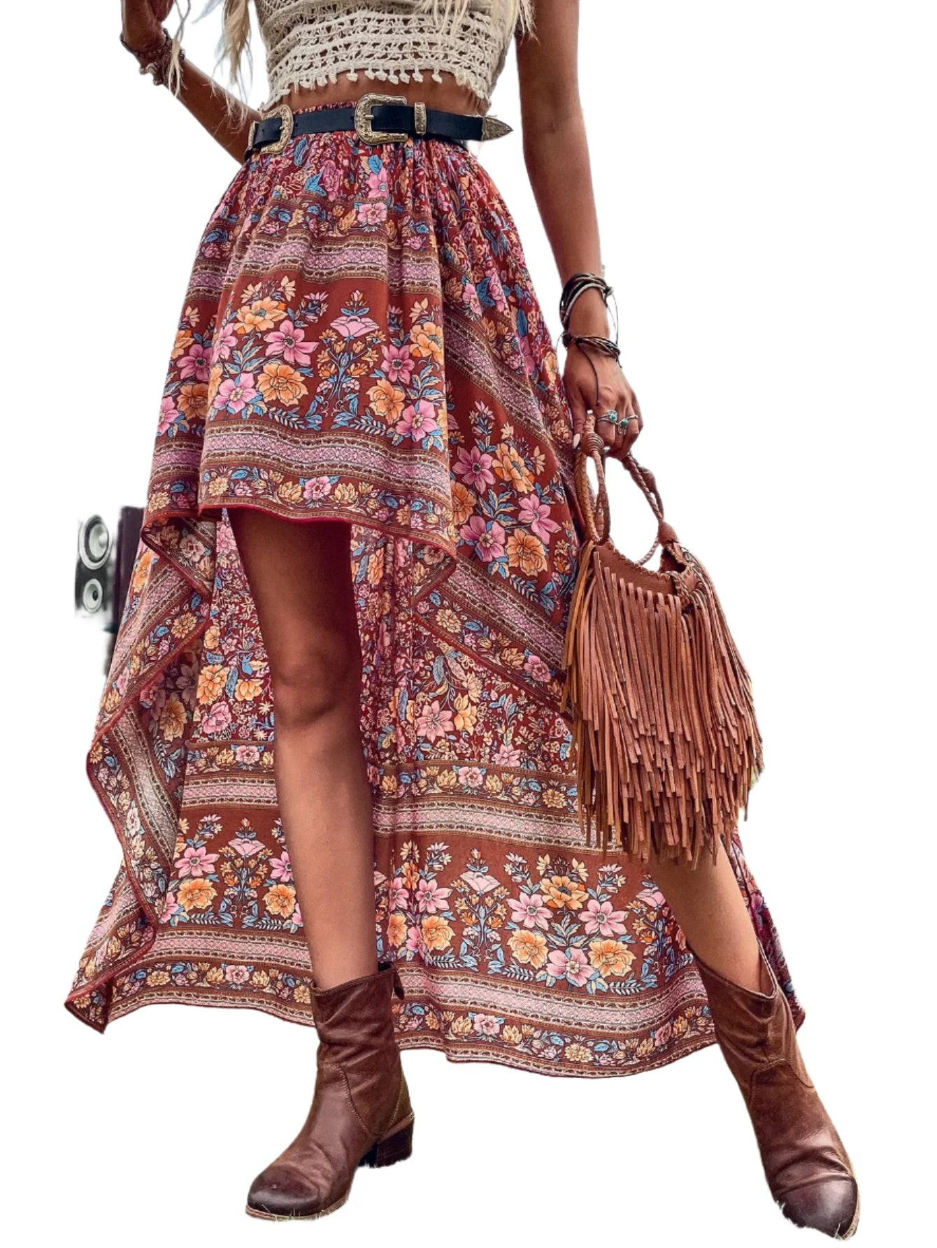 Floral Print Asymmetrical High Low Hem Skirt