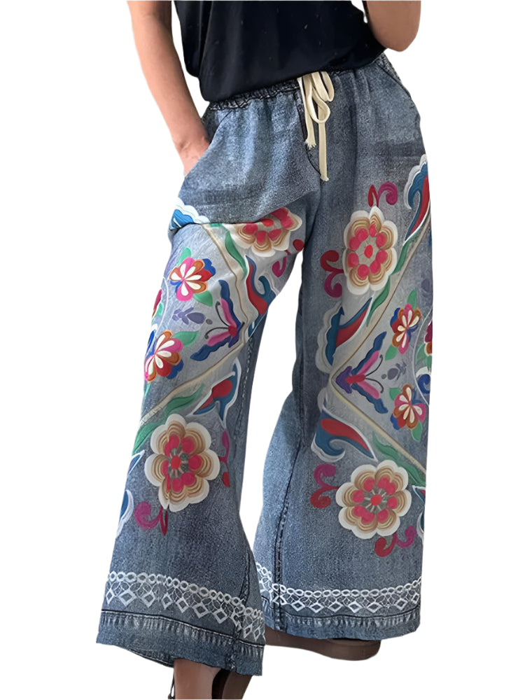 Drawstring Printing Patchwork Trousers