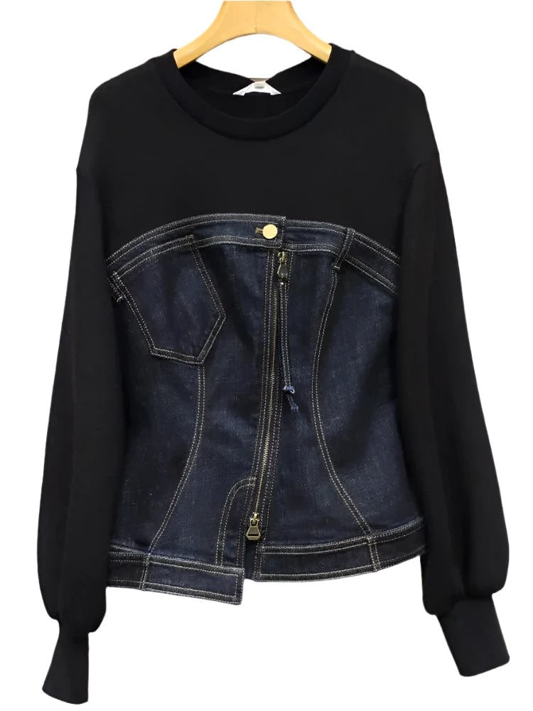 Asymmetric Zipper Denim Fake Two-piece Sweatshirt