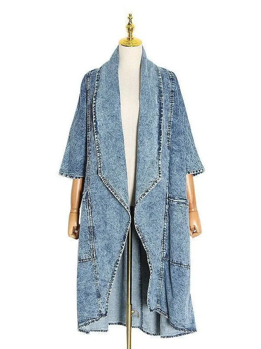 Denim Three Quarter Sleeve Long Blue Denim Coat