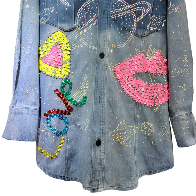 Diamond Embroidery Beaded Denim Shirt