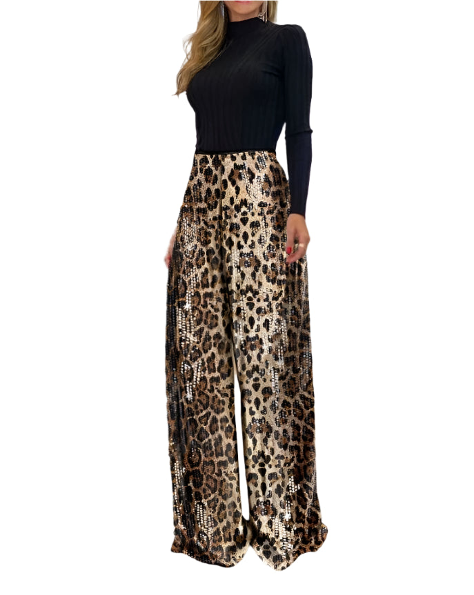 Leopard Print High Waist Sequins Wide Leg Pants