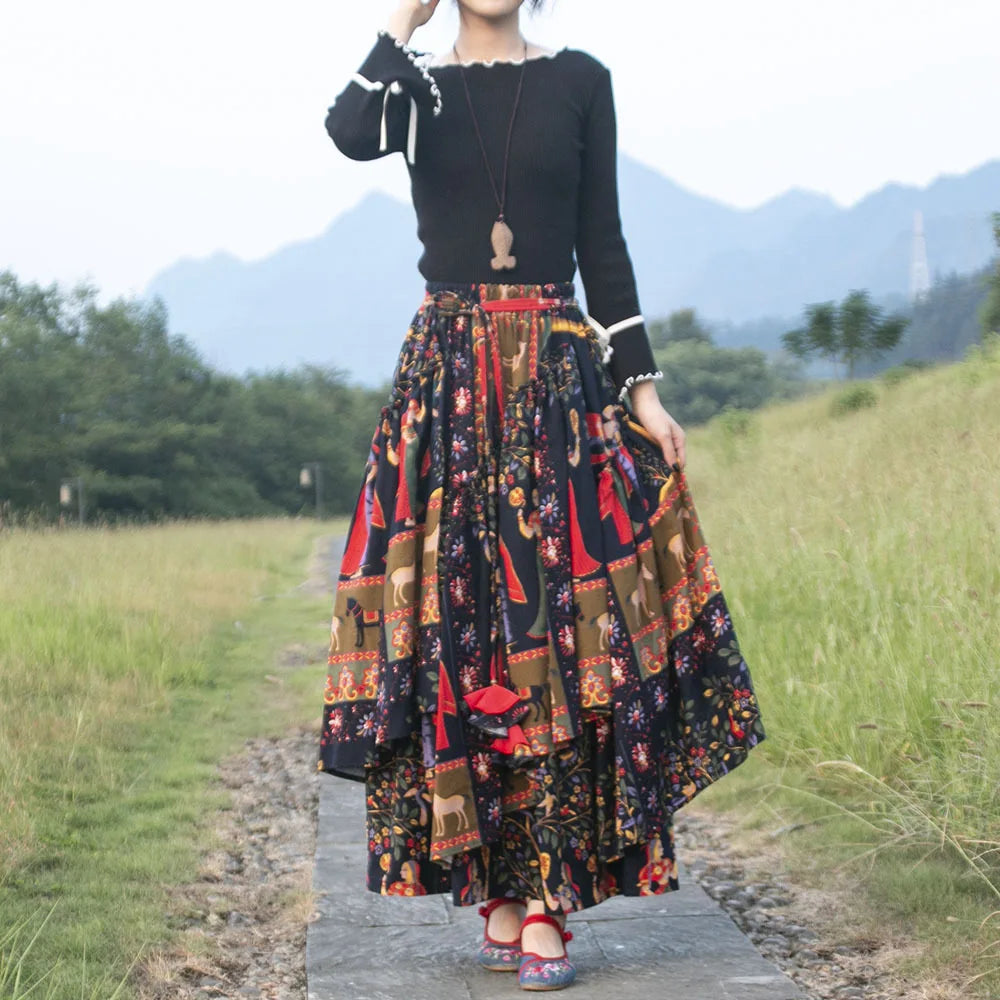 Long Maxi Cotton Linen Print Flower A-line Elastic Waist Skirt