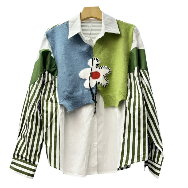 Patchwork Knitted Flower Striped Loose Blouse