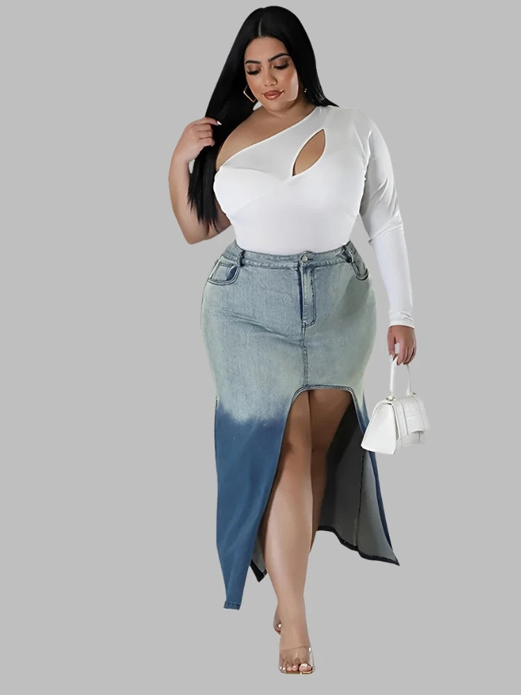 Plus Size Denim Maxi Patchwork Stretch Skirts