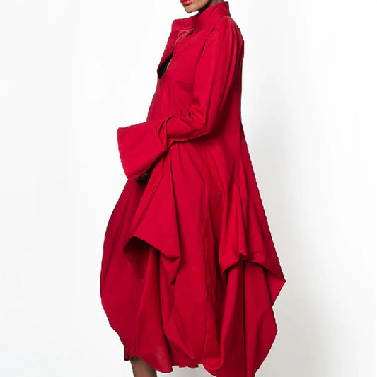 Red Long Sleeves Stand-Collar Loose Dress