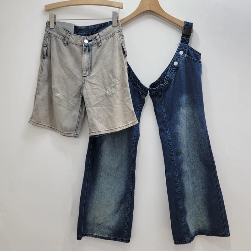 Denim Pants Patchwork 2 Pcs Set Washed Straight Jeans