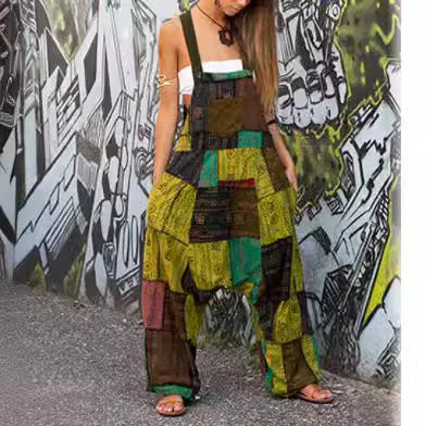 Stitching Ethnic Print Sleeveless Loose Harem Jumpsuit