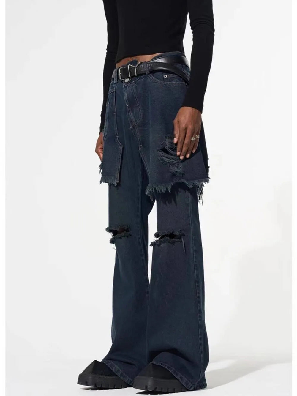 Denim Hole Skirt Flare Pants