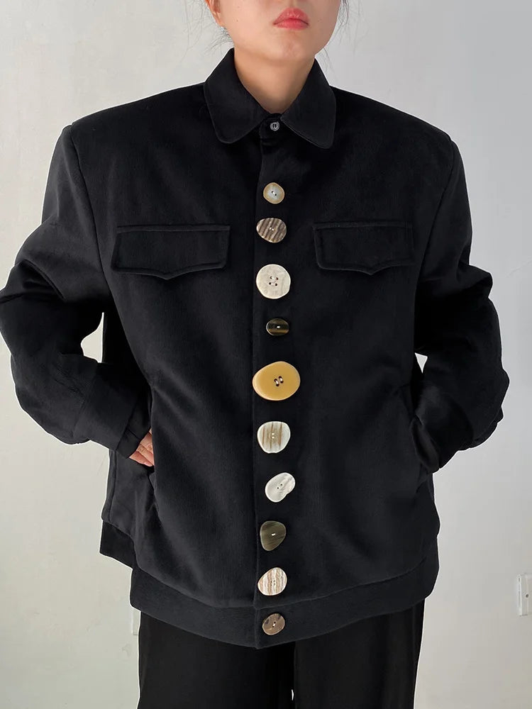 Corduroy Button Black Cotton-Padded Jacket