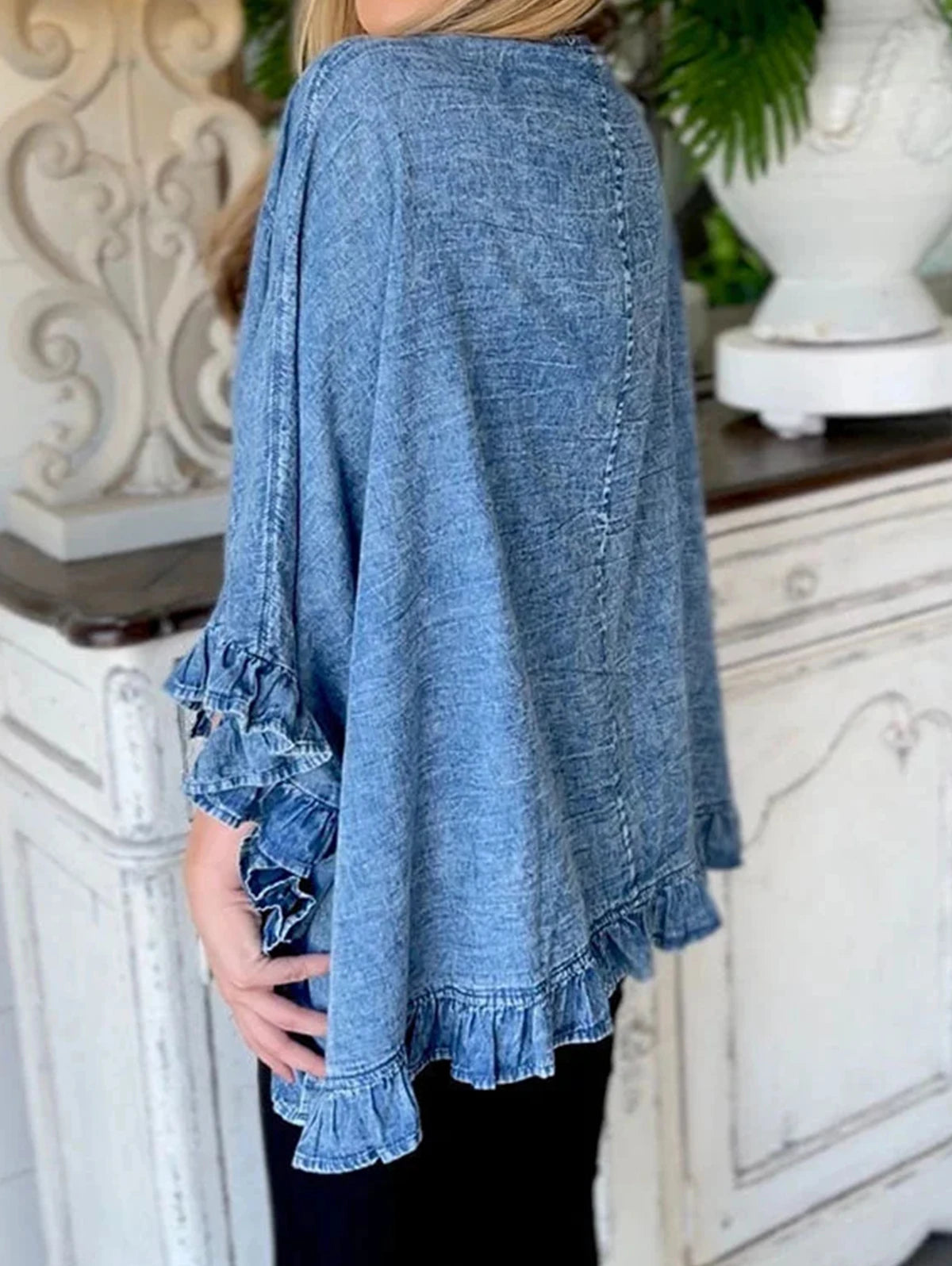 Denim Lapel 3/4 Sleeves Ruffle Jacket