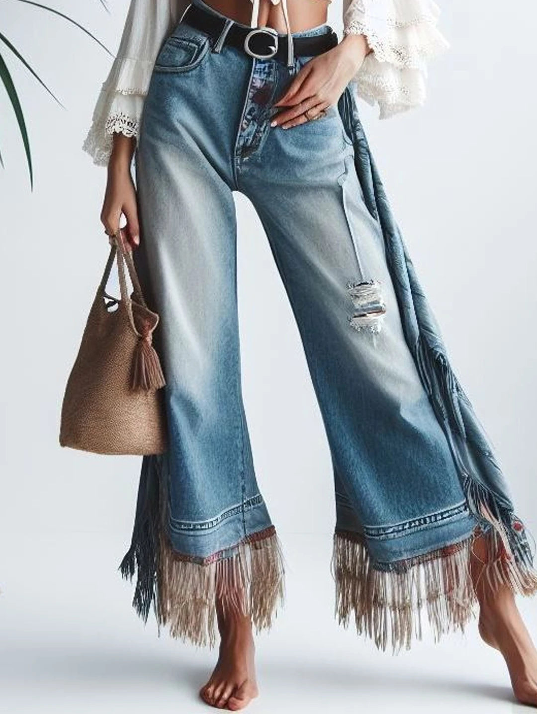 Raw Edge Flared Tassel Ripped Washed Denim Jeans