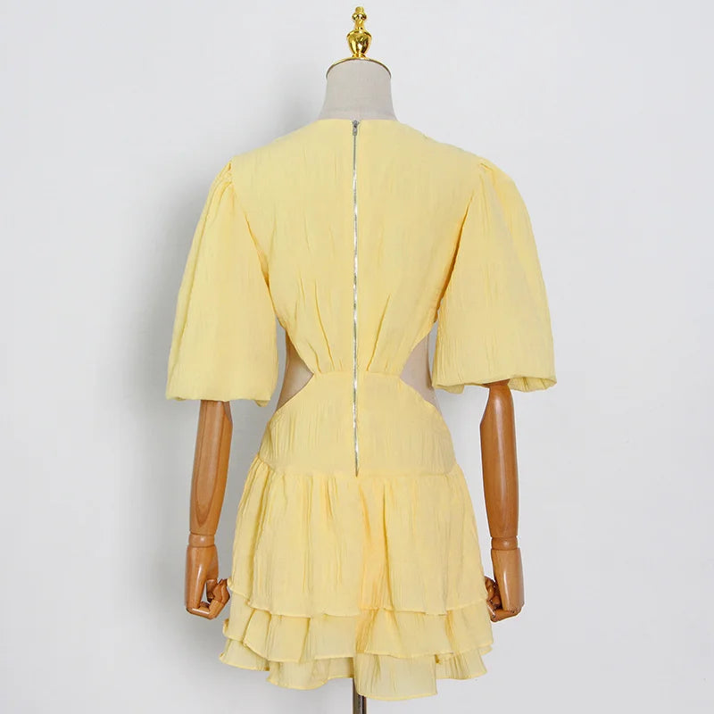 V Neck Lantern Half Sleeve Cut Out High Waist Mini Dress