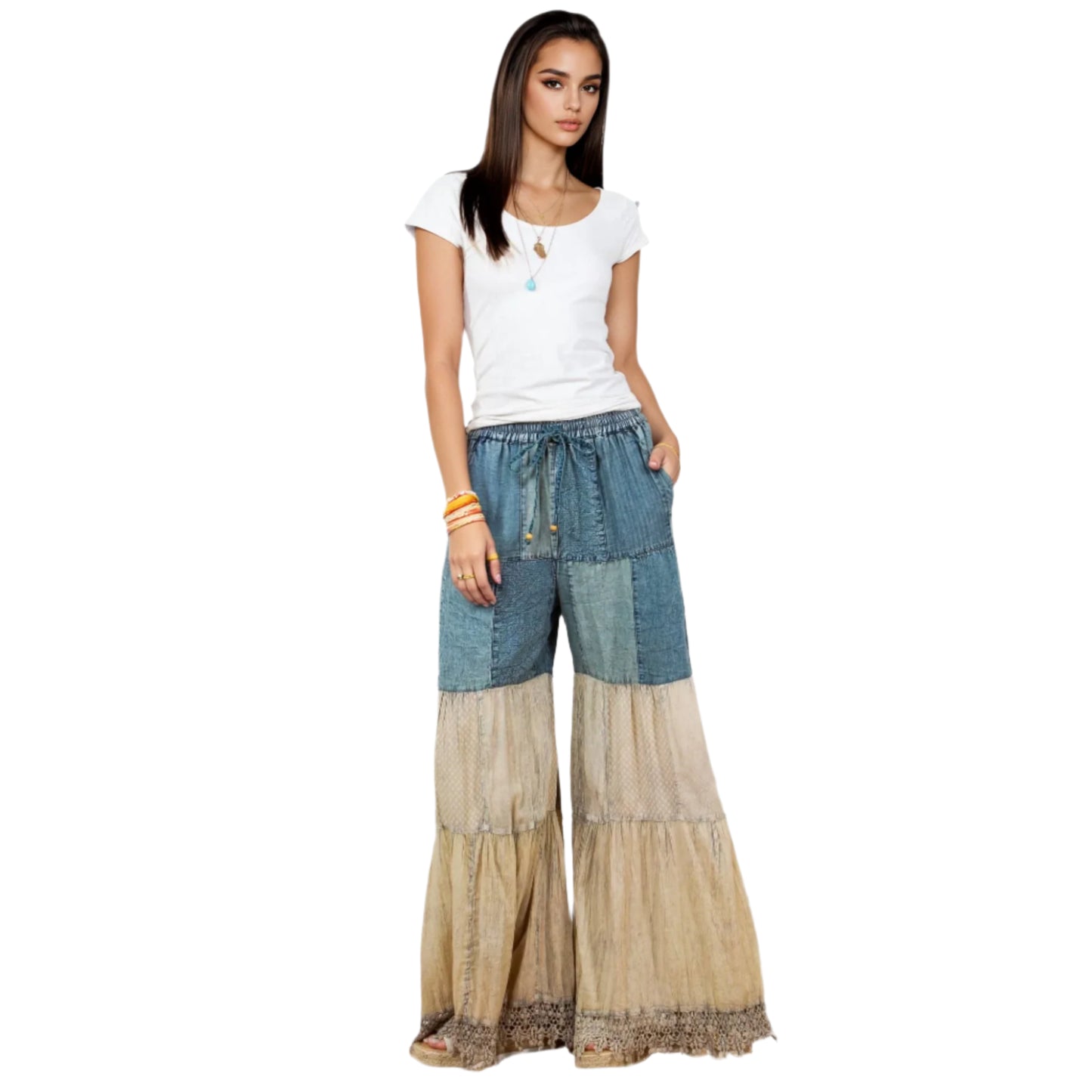 Preorder: Boho-Inspired Long Denim Pants with Solid Patches