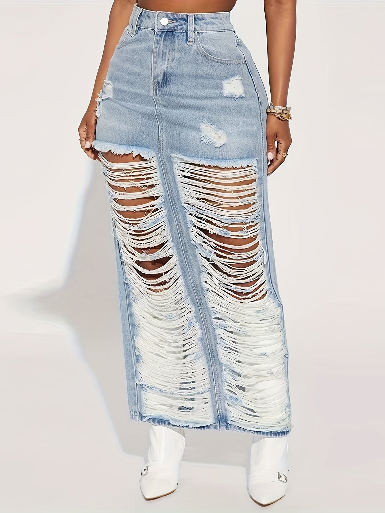 Ripped Denim with Front Slit Skirt