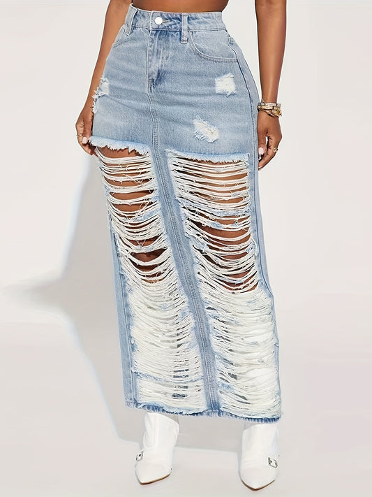 Ripped Denim with Front Slit Skirt