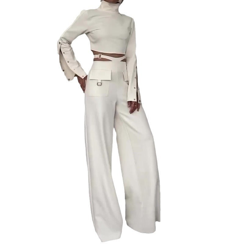 High Collar Midriff-Baring Wide Leg Pants Suit