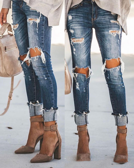 High-waisted Stretch Jeans With Ripped Feet And Slimming