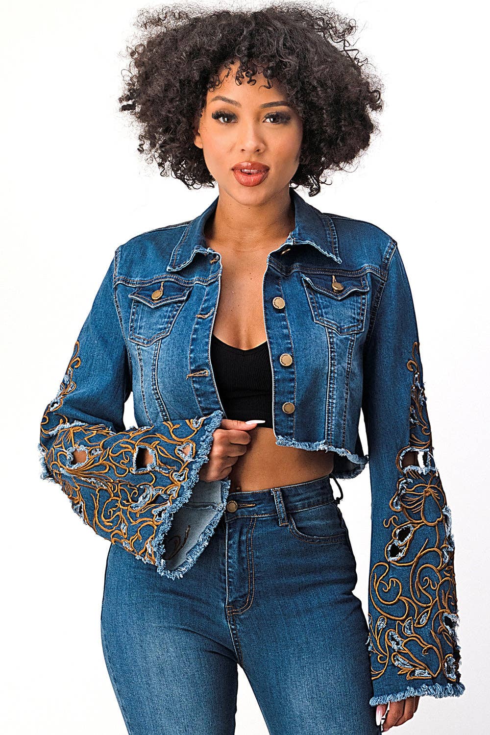 Denim Cropped Jacket Embroidered Bell Sleeve