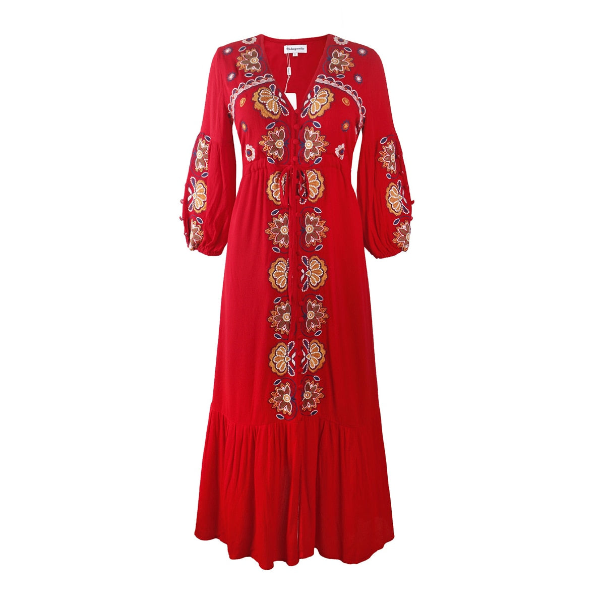 Boho Embroidered  V-neck Long Sleeve Dress