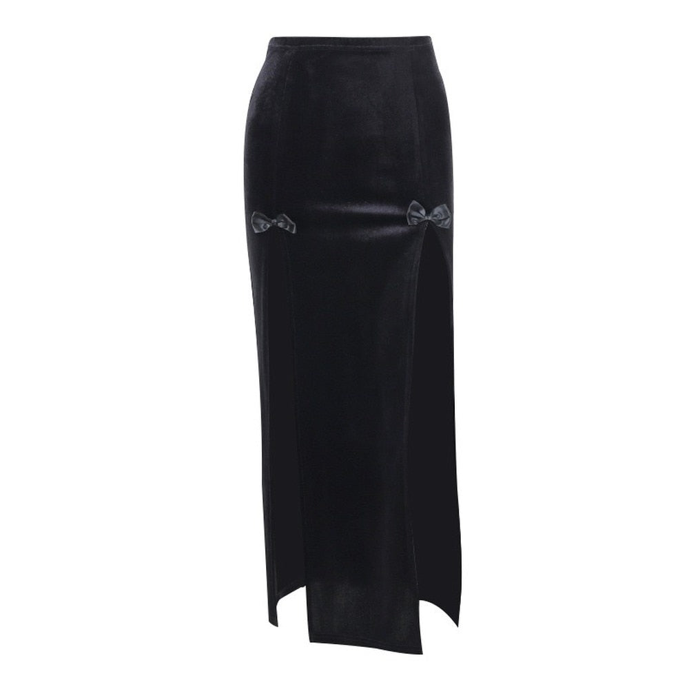 gothic black velvet split skirt