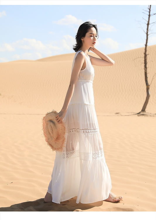 Vestido bordado de malla de encaje sin mangas con cuello en V boho