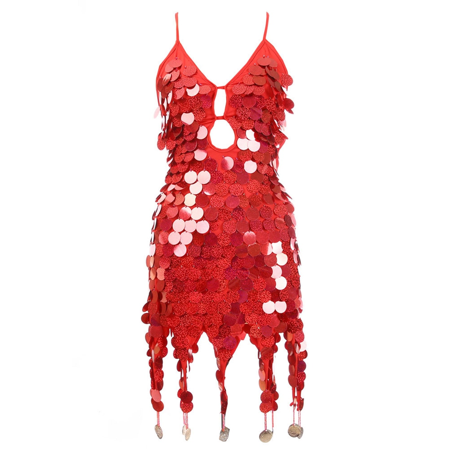 sequin fish scale tassel dress red / one size