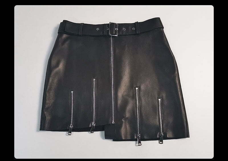lambskin genuine leather zipper skirt
