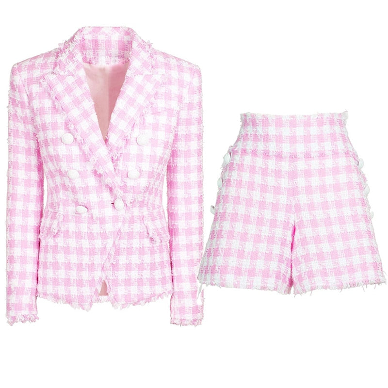 houndstooth woolen plaid double breasted white button two piece sets