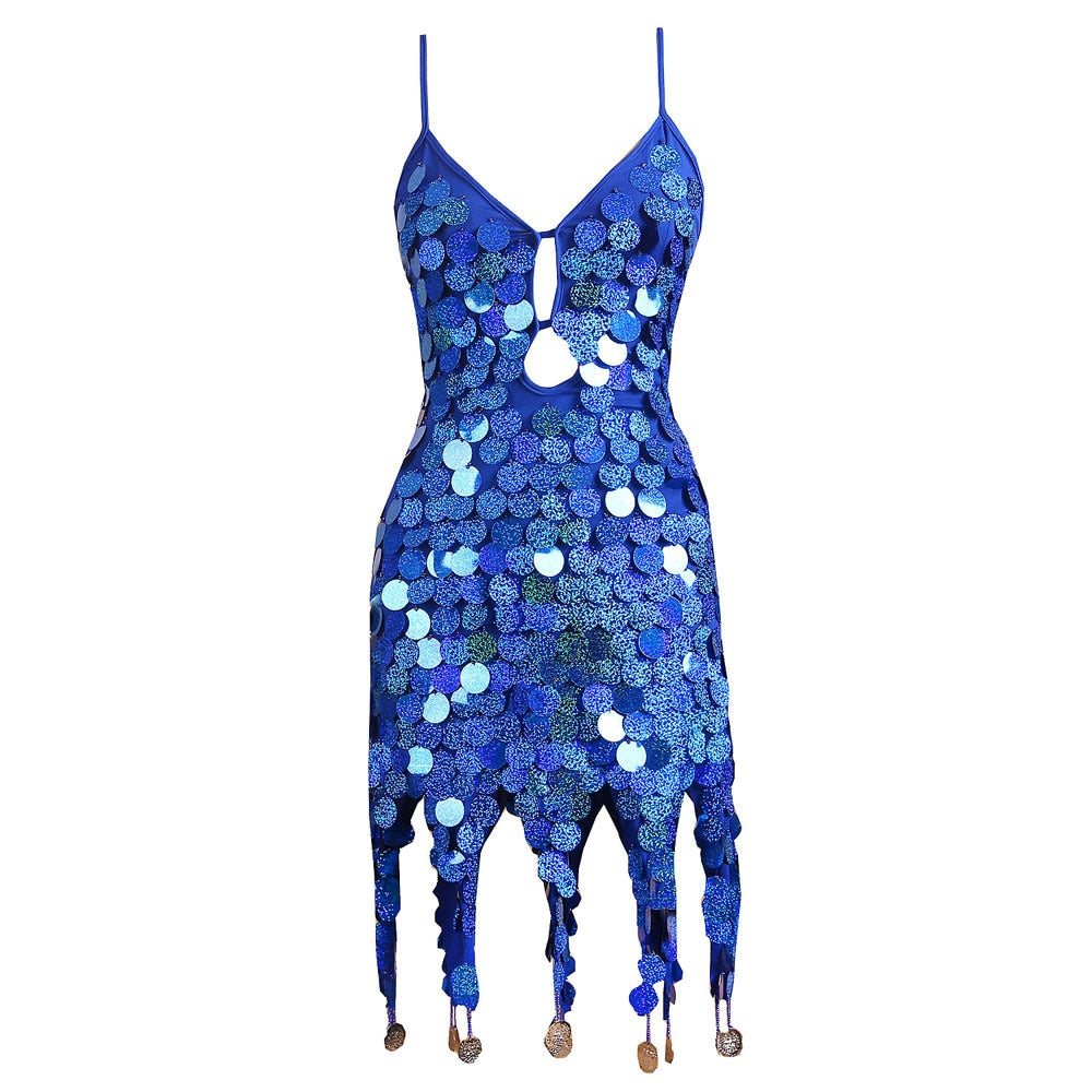 sequin fish scale tassel dress blue / one size