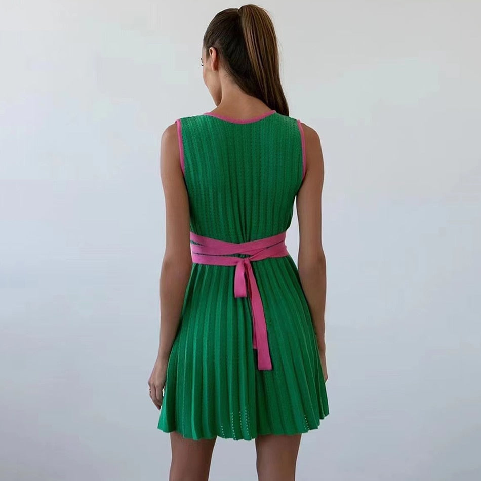 pleated mini v-neck sleeveless dress