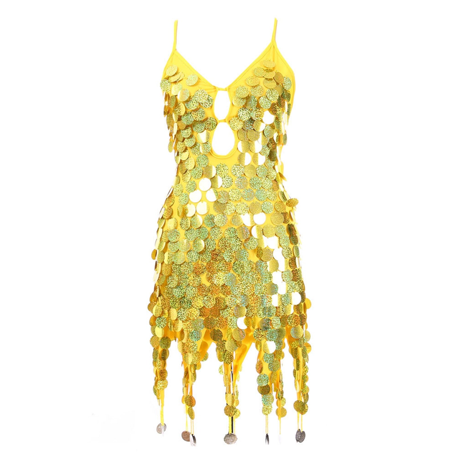 sequin fish scale tassel dress yellow / one size
