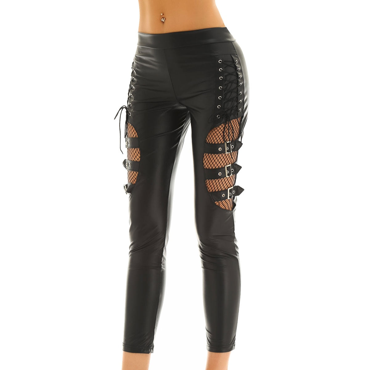 wet look faux leather fishnet stretchy legging trousers