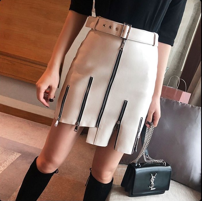 lambskin genuine leather zipper skirt