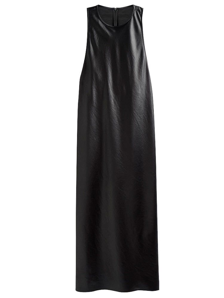 black extra long faux leather tank dress