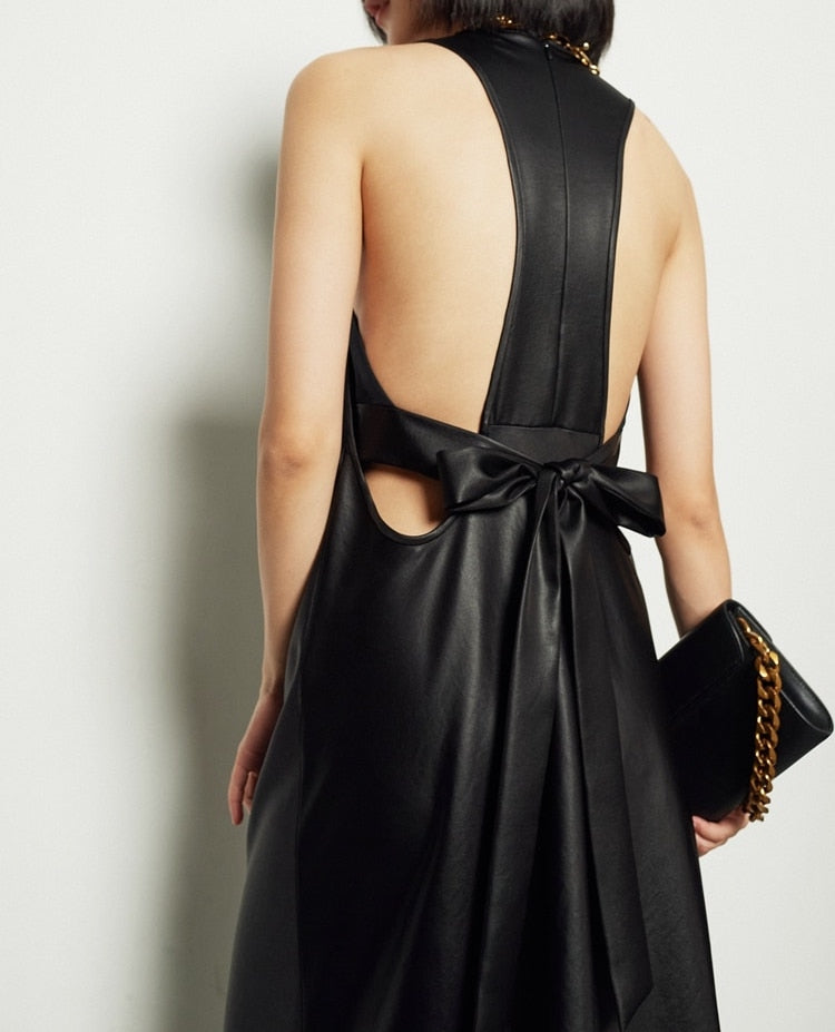 black extra long faux leather tank dress