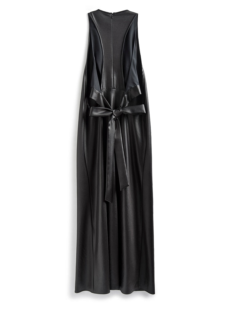 black extra long faux leather tank dress